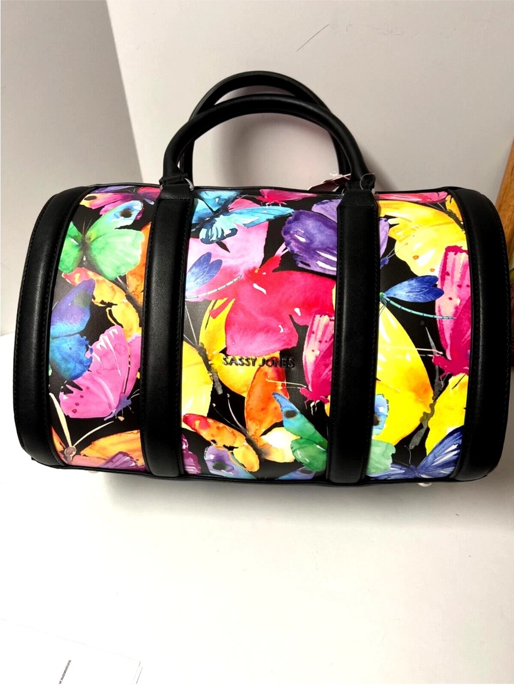 Sassy Jones Black-Trim Barrel Bag with Multicolor Butterfly Print, large size